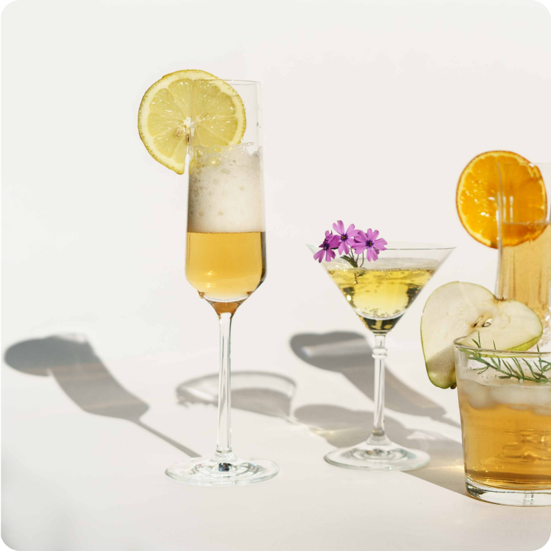 Gläser mit verschiedenen Getränken, dekoriert mit Zitronen-, Orangen- und Apfelscheiben sowie Blumen, vor hellem Hintergrund.