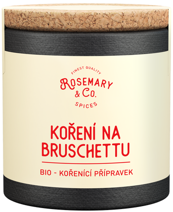 Weiße Gewürzdose mit Holzdeckel und roter Aufschrift "Rosemary & Co, Koření na bruschettu, Bio - kořenící přípravek".all9